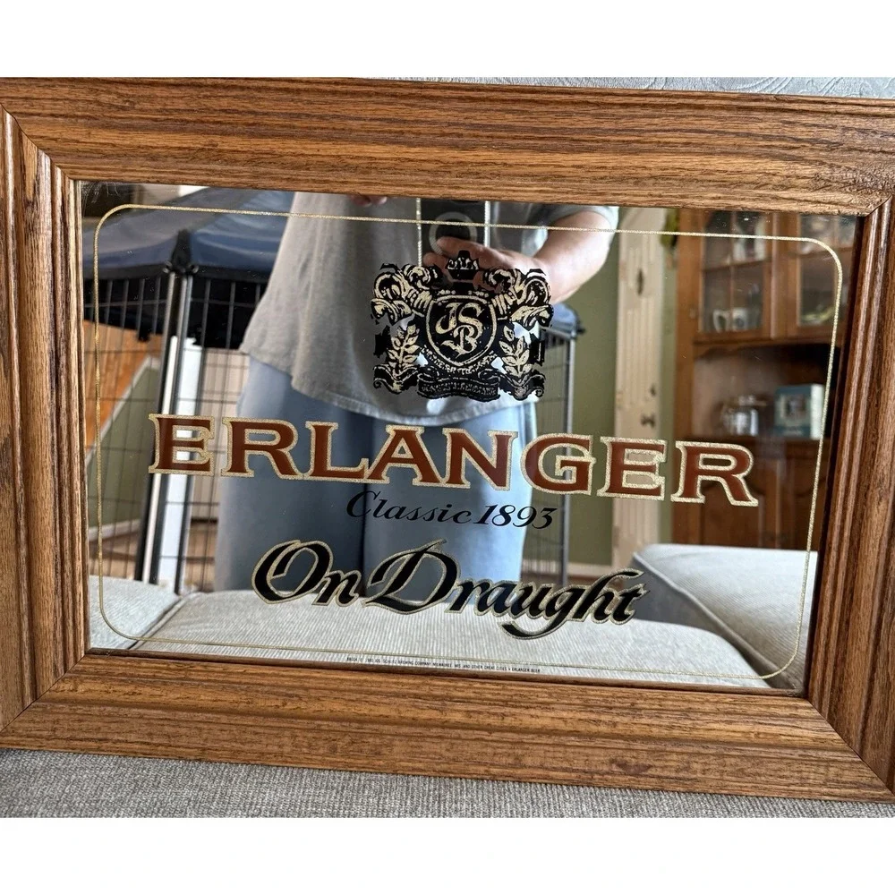 Vintage 1980 Erlanger On Draught‎ Classic Since 1893 Man Cave Beer Mirror Framed